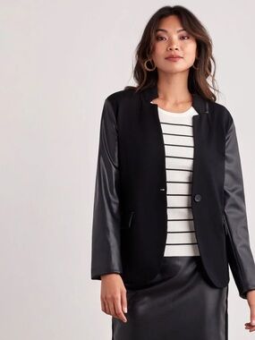 Silhouette Black Faux-Leather Sleeve Blazer -